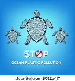 Stop ocean plastic pollution from human beings. Turtle composed of white plastic waste bag, bottle on blue background.  Vector EPS10 illustration. Ecology problem concept.