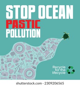 stop ocean plastic pollution. illustration of environmental damage by plastic waste. save the oceans, the earth and the future. poster, card, background and wallpaper.