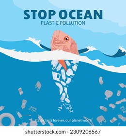 stop ocean plastic pollution. illustration of environmental damage by plastic waste. save the oceans, the earth and the future. poster, card, background and wallpaper.