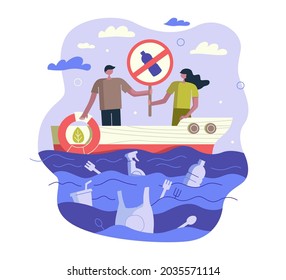 Stop ocean plastic pollution. People in ship with sign and lifebuoy. Garbage and non-degradable waste in water. Environment conservation management and save Earth planet sea concept. Ecology vector