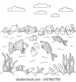 Stop ocean plastic pollution. A pile of waste and debris floating lies on the bottom in a dirty sea among floating fish. Ecological poster. Outline vector illustration in the style of hand drawing.