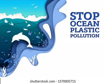 Stop ocean plastic pollution poster banner template, vector illustration in layered paper art style. Underwater world with marine animals, floating plastic trash. Ocean environmental problem, ecology.