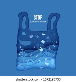 Stop Ocean Plastic Pollution Poster In Paper Cut Style. Plastic Bag Silhouette Carved From Cardboard Whith Marine Life And Single Used Plastic Spoons, Fork Bottle, Tube Toothbrush. Vector Eco Concept