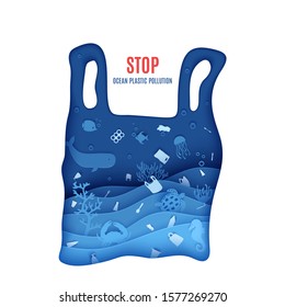 Stop ocean plastic pollution poster in paper cut style. Plastic bag silhouette carved from cardboard whith marine life and single used plastic spoons, fork, bottle tube toothbrush. Vector eco concept