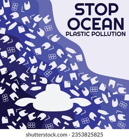 Stop ocean plastic pollution poster design template. Layered paper cut underwater background vector illustration. Ocean environmental problem.