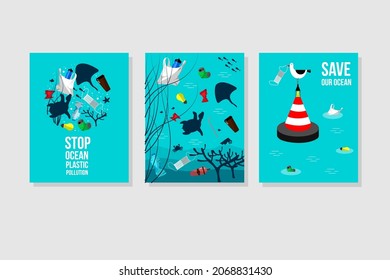 stop ocean plastic pollution. set of posters. Underwater world among garbage. Turtle, stingray, fish among bottles, bags, masks. environmental problem