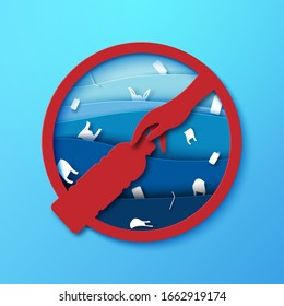 Detengan la contaminación de plástico del océano, señalicen el estilo de arte de papel. Concepto de ecología y medio ambiente oceánico.Ilustración vectorial.