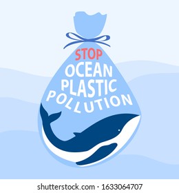 stop ocean plastic pollution text lettering on blue whale in polyethylene plastic transparent ocean blue package bag, stock vector illustration clip art background