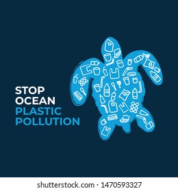 Stop ocean plastic pollution. Turtle composed of white plastic waste bag, bottle on blue background. Ecological campaign.