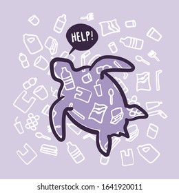 Stop ocean plastic pollution. Turtle composed of white plastic waste bag, bottle. Ecological campaign.