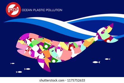 Stop ocean plastic pollution vector illustration. Plastic inside a silhouette shape of a dolphin. 