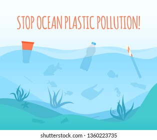 Stop ocean plastic pollution vector illustration. Ecological problem poster. 