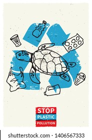 Stop Ocean Plastic Pollution Vector Illustration With Turtle And Plastic Garbage. Marine Wildlife Graphic Design. Plastic Polluted Ocean Problem Creative Concept. Eco Problem Banner With Recycle Sign