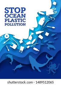 Stop ocean plastic pollution, vector illustration in paper art style. Marine animals and plastic trash. Ocean environmental problem, ecology poster design template.