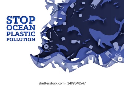 Stop ocean plastic pollution, vector illustration in paper art modern craft style. Paper cut underwater world with animals and plastic trash. Save ocean, ecology problem concept for website page etc.