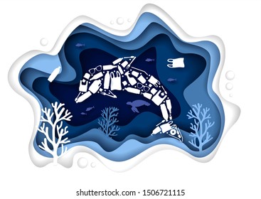 Stop ocean plastic pollution, vector illustration in paper art style. Underwater sea with plastic trash shaped dolphin, marine animals, coral reefs. Ocean environmental problem concept.