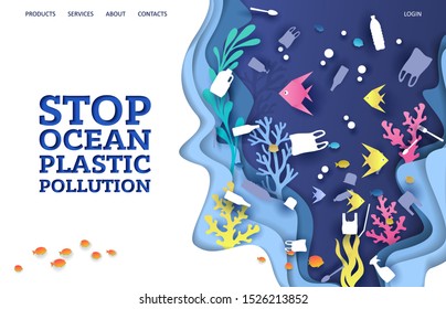 Stop ocean plastic pollution vector website template, web page and landing page design for website and mobile site development. Save water, ecology concept.