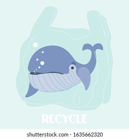 Stop ocean plastic pollution vector illustration. Word Whale Day, World Ocean Day, Earth Day.