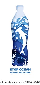 Stop ocean plastic pollution. Vector illustration in paper art style. Water bottle with marine animals and plastic trash inside. Ocean environmental problem, ecology, save planet Earth.