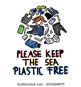 Stop ocean plastic pollution vector illustration. Plastic garbage (bag, bottle). movement invites people to participate in caring for the ocean
