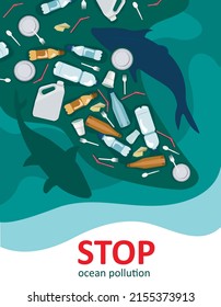 Stop ocean plastic pollution, vector illustration. Save ocean, ecology problem. Plastic bottle, straw, cup and spoon. Keep the sea, plastic free concept. Say no to plastic. Save the fish. The trash.