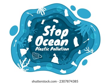 Stop Ocean Plastic Pollution Vector Illustration with Trash Under the Sea like a Waste Bag, Garbage and Bottle in Flat Cartoon Hand Drawn Templates