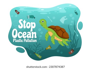 Parar la ilustración de vectores de contaminación plástica oceánica con basura bajo el mar como una bolsa de desperdicios, basura y botellas en plantillas dibujadas a mano de dibujos planos