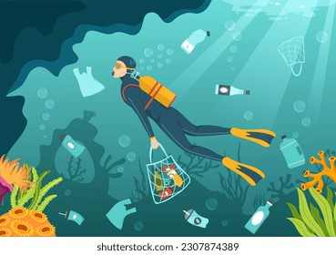 Stop Ocean Plastic Pollution Vector Illustration with Trash Under the Sea like a Waste Bag, Garbage and Bottle in Flat Cartoon Hand Drawn Templates