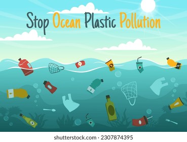 Stop Ocean Plastic Pollution Vector Illustration with Trash Under the Sea like a Waste Bag, Garbage and Bottle in Flat Cartoon Hand Drawn Templates
