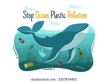 Parar la ilustración de vectores de contaminación plástica oceánica con basura bajo el mar como una bolsa de desperdicios, basura y botellas en plantillas dibujadas a mano de dibujos planos