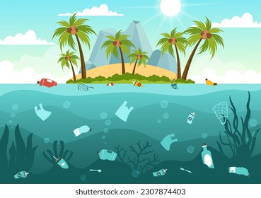 Stop Ocean Plastic Pollution Vector Illustration with Trash Under the Sea like a Waste Bag, Garbage and Bottle in Flat Cartoon Hand Drawn Templates