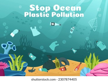 Stop Ocean Plastic Pollution Vector Illustration with Trash Under the Sea like a Waste Bag, Garbage and Bottle in Flat Cartoon Hand Drawn Templates