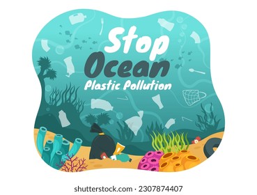 Parar la ilustración de vectores de contaminación plástica oceánica con basura bajo el mar como una bolsa de desperdicios, basura y botellas en plantillas dibujadas a mano de dibujos planos