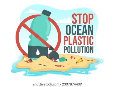 Parar la ilustración de vectores de contaminación plástica oceánica con basura bajo el mar como una bolsa de desperdicios, basura y botellas en plantillas dibujadas a mano de dibujos planos