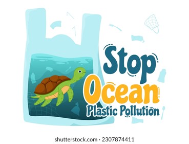 Stop Ocean Plastic Pollution Vector Illustration with Trash Under the Sea like a Waste Bag, Garbage and Bottle in Flat Cartoon Hand Drawn Templates