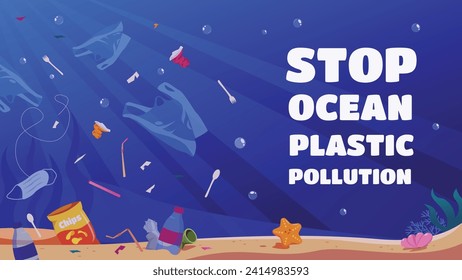 die Verschmutzung der Meere durch Plastik zu beenden. Vektorplakat über die Eindämmung der Plastikverschmutzung durch den Ozean mit einem Haufen Müll im Ozean