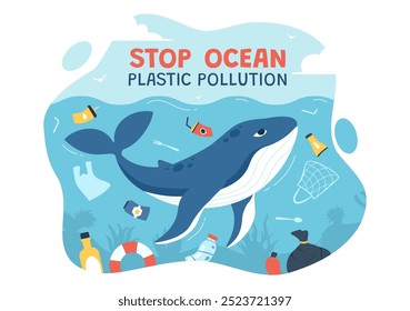 Stop Ocean Plastic Pollution Vector Illustration with Trash Under the Sea like a Waste Bags and Bottles, Harming the Ecosystem of Fish and Coral Reefs