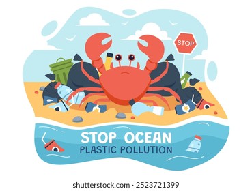 Stop Ocean Plastic Pollution Vector Illustration with Trash Under the Sea like a Waste Bags and Bottles, Harming the Ecosystem of Fish and Coral Reefs