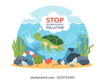 Stop Ocean Plastic Pollution Vector Illustration with Trash Under the Sea like a Waste Bags and Bottles, Harming the Ecosystem of Fish and Coral Reefs