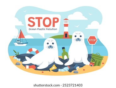 Stop Ocean Plastic Pollution Vector Illustration with Trash Under the Sea like a Waste Bags and Bottles, Harming the Ecosystem of Fish and Coral Reefs