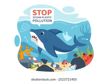 Stop Ocean Plastic Pollution Vector Illustration with Trash Under the Sea like a Waste Bags and Bottles, Harming the Ecosystem of Fish and Coral Reefs