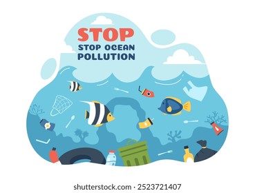 Stop Ocean Plastic Pollution Vector Illustration with Trash Under the Sea like a Waste Bags and Bottles, Harming the Ecosystem of Fish and Coral Reefs