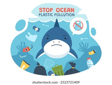 Stop Ocean Plastic Pollution Vector Illustration with Trash Under the Sea like a Waste Bags and Bottles, Harming the Ecosystem of Fish and Coral Reefs