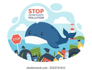 Stop Ocean Plastic Pollution Vector Illustration with Trash Under the Sea like a Waste Bags and Bottles, Harming the Ecosystem of Fish and Coral Reefs