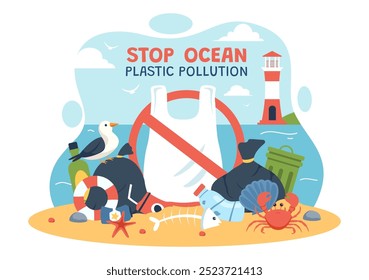 Stop Ocean Plastic Pollution Vector Illustration with Trash Under the Sea like a Waste Bags and Bottles, Harming the Ecosystem of Fish and Coral Reefs