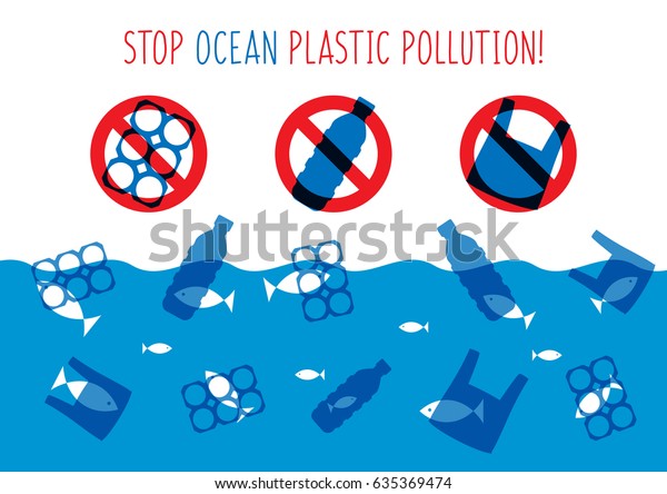 海洋プラスチック汚染のベクターイラストを止めます 海洋のグラフィックデザインにプラスチックのごみ 袋 ボトル 水を浪費する問題 のクリエイティブコンセプト 制限とエコ問題バナー のベクター画像素材 ロイヤリティフリー