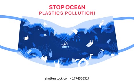 Stop ocean plastics pollution, vector illustration in paper cut style. Disposable mask shape. Underwater wildlife with plastic rubbish, trash and waste. Fish, ecology problem, coral reefs, save ocean.