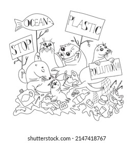 Stop ocean platinum pollution. Fur seals hold posters with slogans. The problem of pollution of the world's oceans. Cartoon style. Hand drawn. Coloring book. Isolated on a white background.