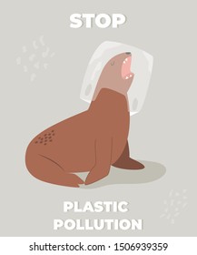 Stop ocean polluting agitational poster with sea lion. Save ocean eco banner