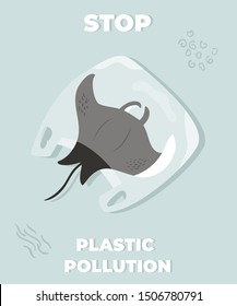 Stop ocean pollution agitational poster with fish ray in a plastic bag. 